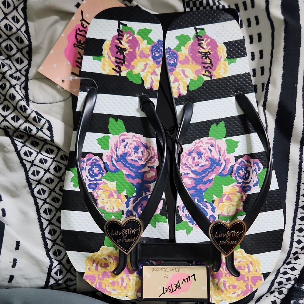 Betsey Johnson Black and White Striped Floral Flip Flops